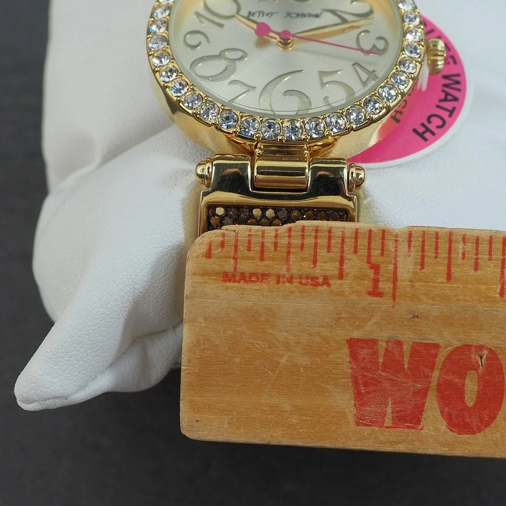 Betsey Johnson Watch Gold Glitter Cuff Rhinestone Bezel Glam Bling Statement